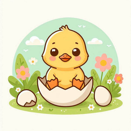 Vector illustration of cute little chick in eggshell on green grass backgroundのイラスト素材