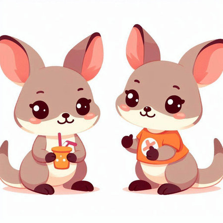 Kawaii kangaroo cartoon character with drink. Vector illustration.のイラスト素材