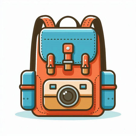 Vector illustration of a backpack with a camera on a white background.のイラスト素材