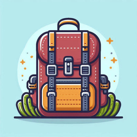Backpack in flat style. Vector illustration of a backpack on a blue background.のイラスト素材