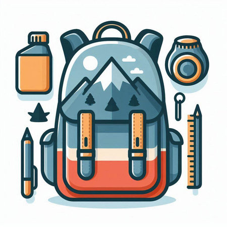 Backpack and camping equipment. Vector illustration in a flat style.のイラスト素材