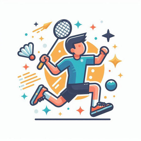 Badminton player with racket and ball, flat vector illustration.のイラスト素材