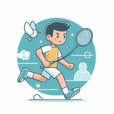 Boy playing badminton. Hand drawn vector illustration in cartoon style.のイラスト素材