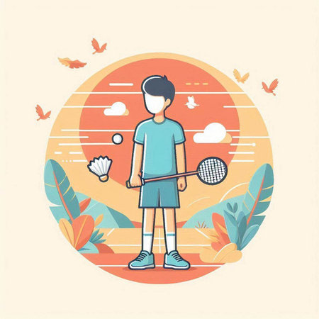 Vector illustration of a boy playing badminton in the park.のイラスト素材