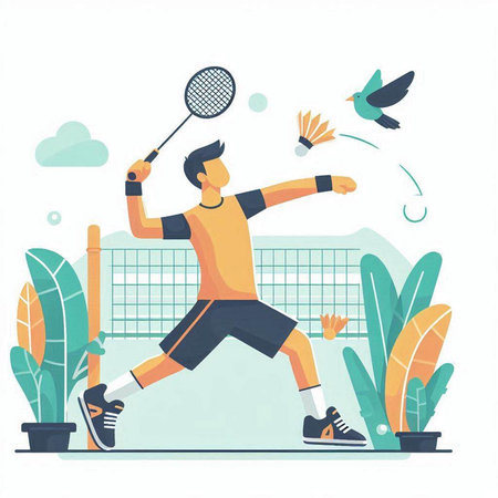 Badminton player in action. Flat style vector illustration. Sport conceptのイラスト素材