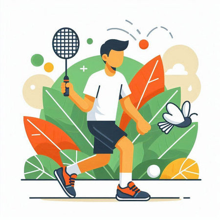 Tennis player flat vector illustration. Cartoon male character in sportswear with racket and ball on green background.のイラスト素材