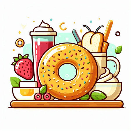 Vector illustration of donut with coffee, ice cream and strawberries.のイラスト素材
