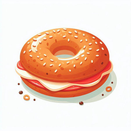 Illustration of a bagel with cream cheese and ham on a white backgroundのイラスト素材