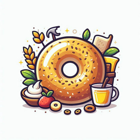 Donut with a cup of coffee and cream. Vector illustration.のイラスト素材