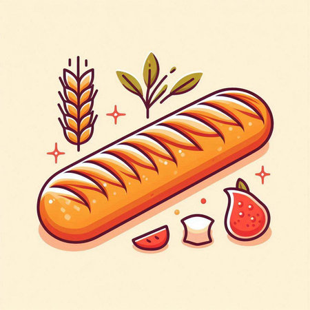 Vector illustration of a loaf of bread with wheat ears and fruits.のイラスト素材