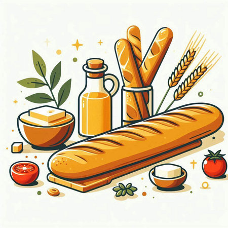 Baguette, bread, oil and other food ingredients. Vector illustration.のイラスト素材