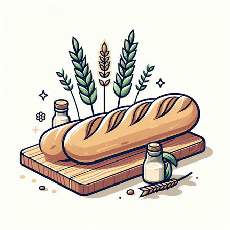 Baguette bread on wooden board and wheat. Vector illustration.のイラスト素材