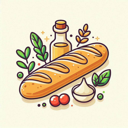 Baguette with herbs and olive oil. Vector illustration in cartoon styleのイラスト素材