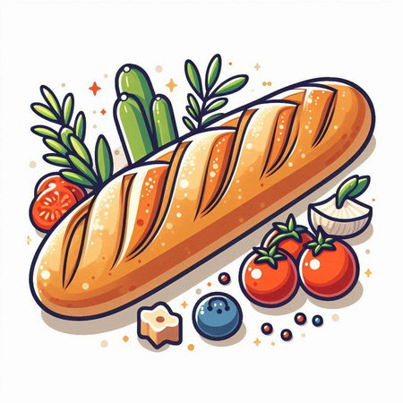 Baguette with vegetables. Vector illustration in cartoon style on white background.のイラスト素材
