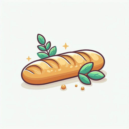 Baguette. Vector illustration of a loaf of bread with leaves.のイラスト素材