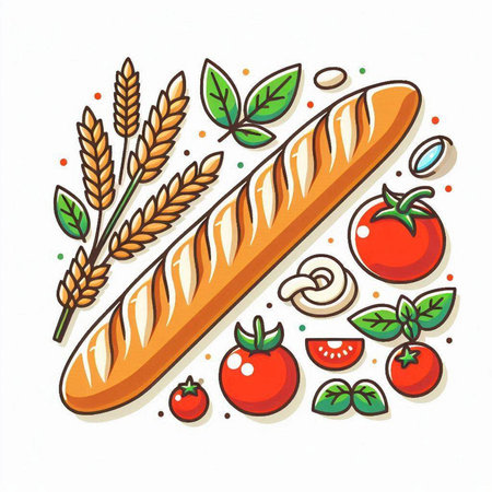 Baguette with wheat and tomato on white background. Vector illustration.のイラスト素材