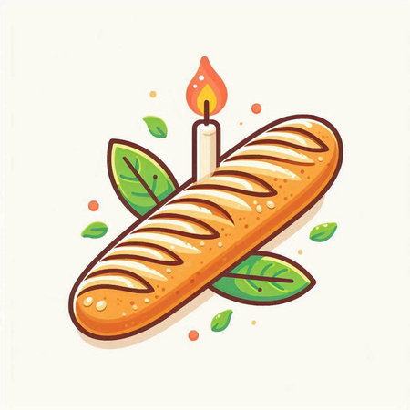 Baguette with a candle and green leaves. Vector illustration.のイラスト素材