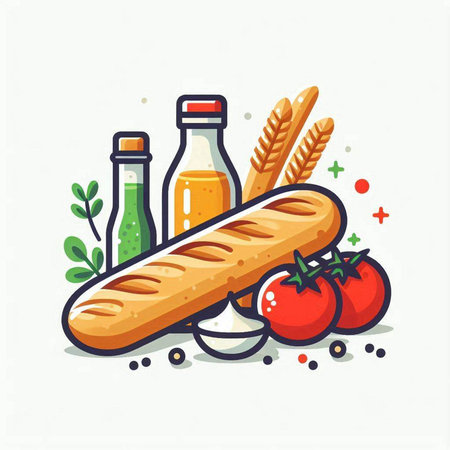 Baguette bread with olive oil, tomatoes and herbs. Vector illustration.のイラスト素材