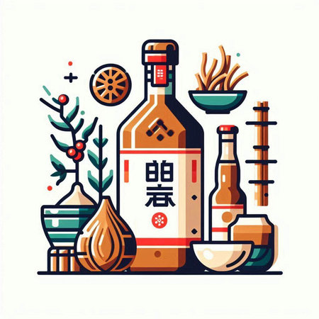 Oriental tequila vector illustration. Traditional japanese beverage.のイラスト素材