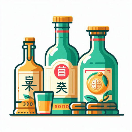 Soy sauce in bottles and a glass of juice. Vector illustration.のイラスト素材