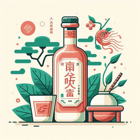 Vector illustration of Chinese New Year celebration with bottle of red wine.のイラスト素材