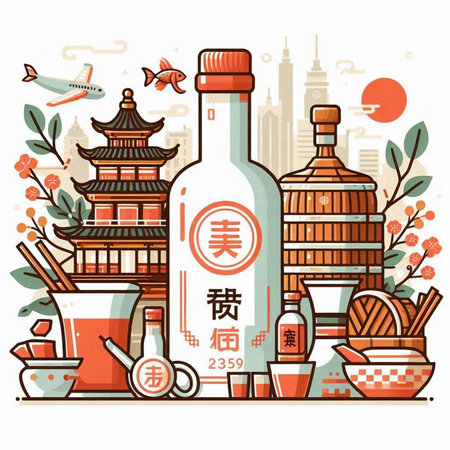 Vector illustration of Chinese restaurant in traditional style with teapot, chopsticks, wineglass, chopsticks, bamboo mat, bottle of sake on white background.のイラスト素材