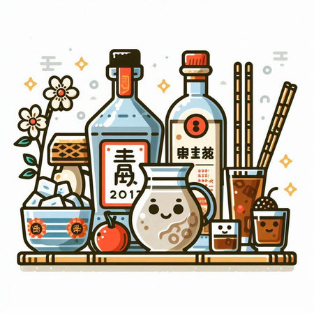 Vector illustration of japanese food in line art style on white background.のイラスト素材