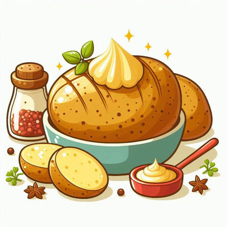 Illustration of a baked bread in a bowl on a white backgroundのイラスト素材