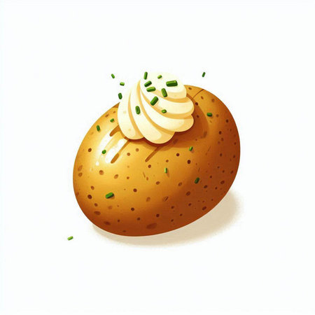 Illustration of a baked potato with butter and green onions on a white backgroundのイラスト素材