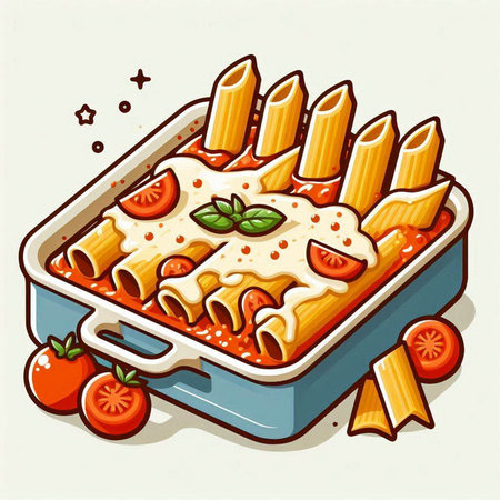 Illustration of a portion of lasagna with tomato sauce in a baking dishのイラスト素材