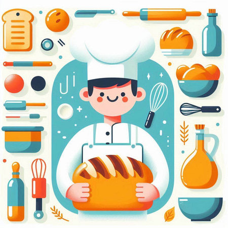 Chef with bread and kitchen utensils. Vector illustration.のイラスト素材