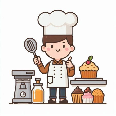 Cute cartoon chef with cupcake and mixer. Vector illustration.のイラスト素材