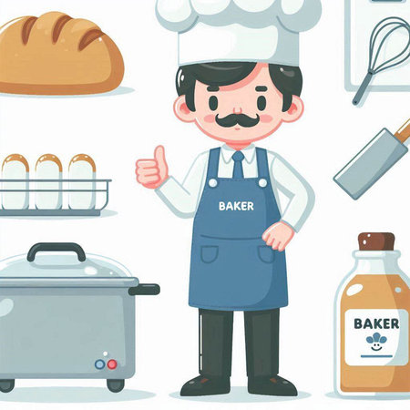 Vector illustration of a cartoon chef character with various food and kitchen tools.のイラスト素材