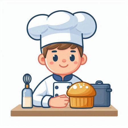 Chef boy with cake and utensils. Cute cartoon vector illustration.のイラスト素材