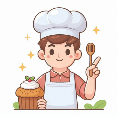 Illustration of a boy chef holding a spoon and a cupcakeのイラスト素材
