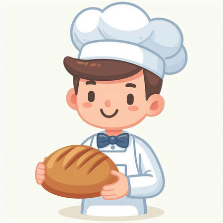 Chef holding bread. Cute cartoon character. Vector illustration.のイラスト素材