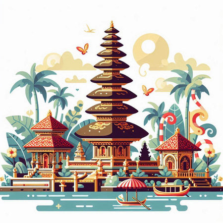 Thai temple on the island of Bali. Vector illustration.のイラスト素材