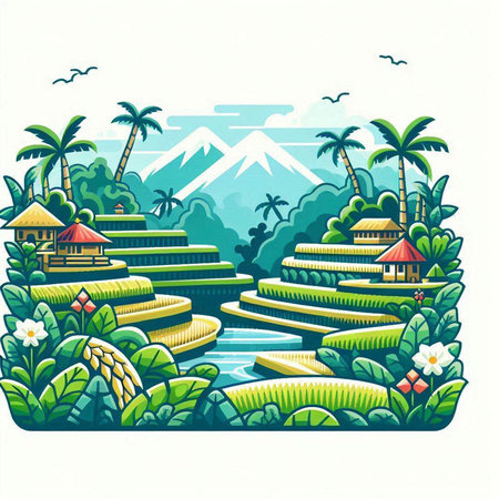 Illustration of a tropical island with palm trees, mountains and bungalowsのイラスト素材