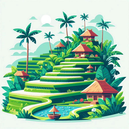 Tropical island with palm trees and bungalows, vector illustrationのイラスト素材