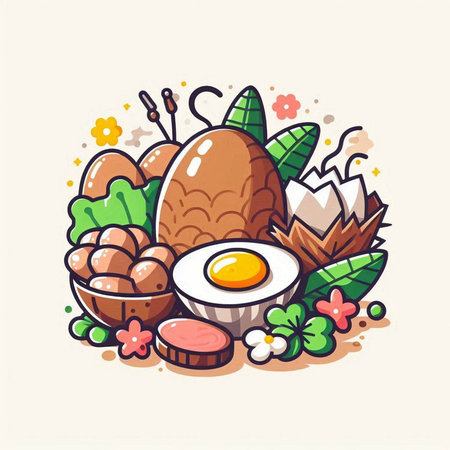 Eggs and vegetables. Vector illustration in cartoon style on a light background.のイラスト素材