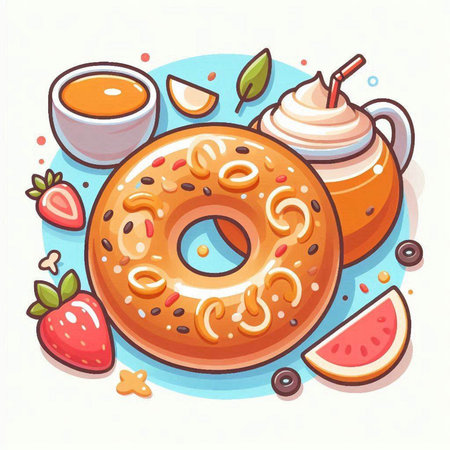 Vector illustration of donut with cream, cup of tea and fruitsのイラスト素材