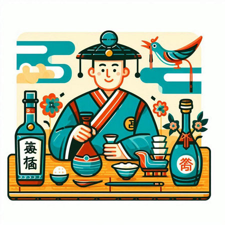 Japanese chef in traditional kimono drinking sake. Vector illustration.のイラスト素材