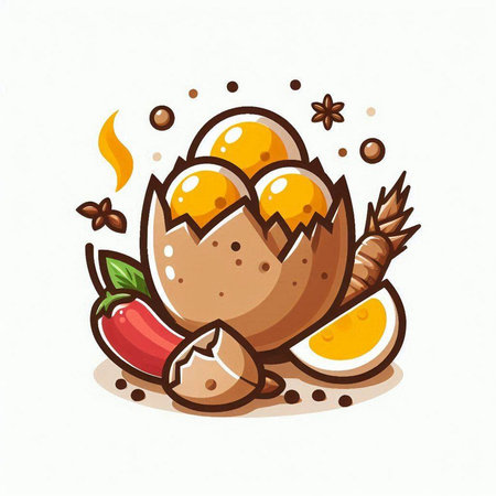 Illustration of chicken egg with chilli pepper and spices in cartoon style.のイラスト素材