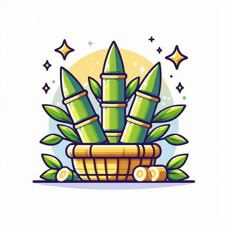 Bamboo basket vector illustration. Green bamboo basket with bamboo shoots.のイラスト素材