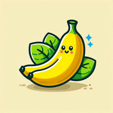 Cute cartoon banana character with green leaves. Vector illustration isolated on white background.のイラスト素材
