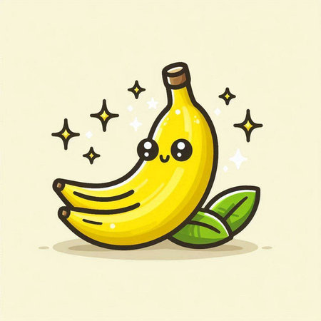 Cute banana character with stars and leaves. Vector cartoon illustration.のイラスト素材