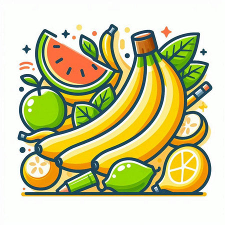 Banana, lemon, watermelon, orange, lime and smoothie. Vector illustrationのイラスト素材