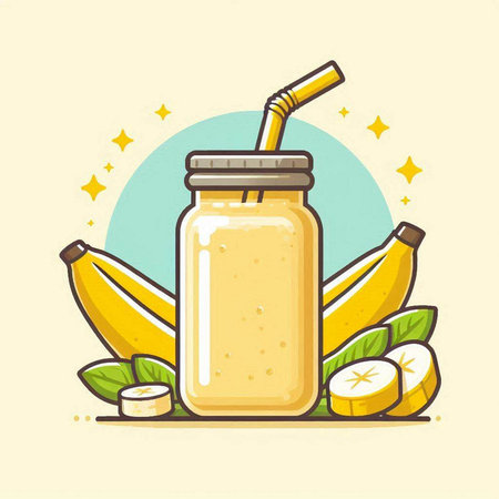 Banana smoothie in a glass jar with a straw. Vector illustration.のイラスト素材