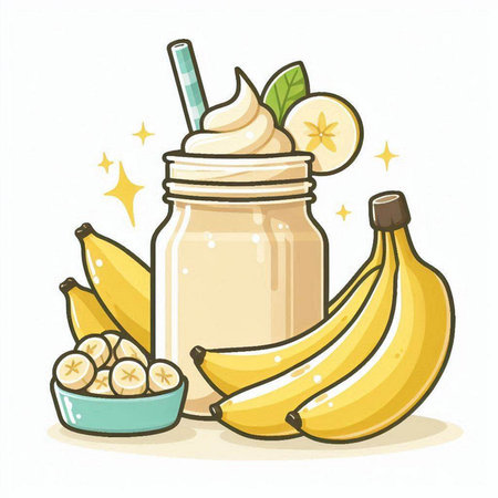 Banana smoothie in a jar and fresh bananas. Vector illustration.のイラスト素材