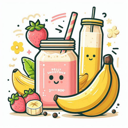 Smiling smoothie in a jar with banana and strawberry. Vector illustration.のイラスト素材
